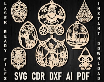 Adorno de árbol de Navidad svg, archivo cnc de madera contrachapada cortada con láser, Glowforge Navidad y papel cortado con láser CNC Archivo Vector Silhouette Cameo Plantilla