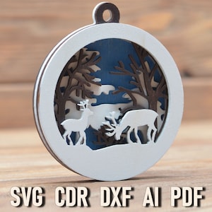 3d Layered christmas ornament svg, Christmas deer scene svg, Christmas Glowforge laser cut file Cricut framed ornament svg ornament ball dxf