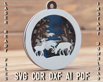3d Layered christmas ornament svg, Christmas deer scene svg, Christmas Glowforge laser cut file Cricut framed ornament svg ornament ball dxf