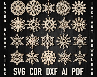 Christmas Laser Cut Snowflakes Ornaments for Glowforge Laser Cut wood Decoration, Christmas Home decoration, snowflake idea dxf cutting