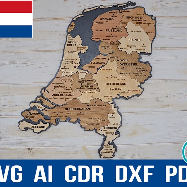 Nederland kaart digitaal bestand voor lasersnijden, Nederland Puzzelkaart dxf pdf reiskaart, Glowforge Holland pdf, Artwork Landkaart muurkunst
