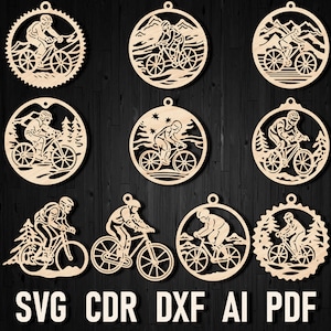 Paquete de adornos svg de corte láser de Navidad para bicicleta de montaña, archivos de corte de imagen vectorial MTB para Cricut Glowforge Mountain Biking Clipart Adventure SVG