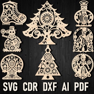 May include: Set of eight laser cut wooden ornaments featuring a steampunk theme. The ornaments include a snowman, a boot, a tree, a skeleton, a ghost, and a soldier. The ornaments are all intricately designed with gears and other mechanical elements.