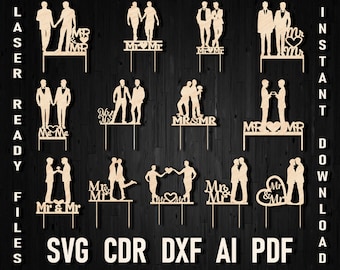 Gay cake topper wedding silhouette svg file for cricut, Homosexual wedding Cake Topper svg, mr and mr cake topper cdr ai Gay Wedding Decor