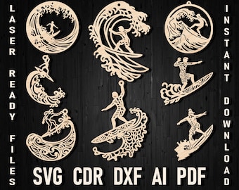 Surfing Christmas Laser Cut SVG Bundle, Surfer Plywood Cut Files for Xtool & Cricut, Diy Glowforge Holiday Paper cut Surf Vector Dxf Decor
