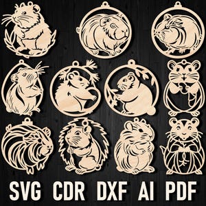 May include: Set of 10 laser cut SVG files for creating wooden ornaments featuring cute hamster designs. The ornaments are perfect for adding a touch of whimsy to your home decor.