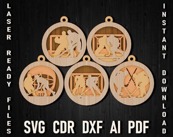Christmas hockey svg ornament for laser cut and glowforge files, hockey player Christmas gift sign, Multi Layered Digital Download cdr dxf