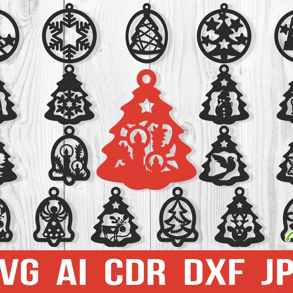 Laser Cut Svg Ozdoby świąteczne, Glowforge Vector Cut Files na kulki ze sklejki, Płatki śniegu Cricut Christmas Tree ozdoby dekoracji SVG