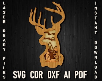 Deer head Layered svg laser cut file, Hunter and dog svg files for glowforge, Deer 3D Multilayer Laser Cut file, Deer layer Dxf Wall Decor