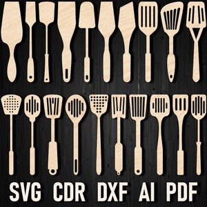 Svg kitchen wood spatula vector template laser cutting file tools, silhouette for Glowforge and Cricut. Woodworking bundle plans cdr, dxf