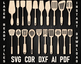 Svg kuchenny drewniany szpatułka wektor szablon laserowy plik cięcia narzędzia, sylwetka dla Glowforge i Cricut. Plany pakietów do obróbki drewna cdr, dxf