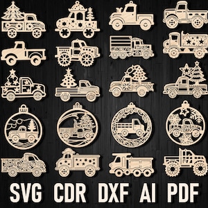 Camion de Noël avec arbre de Noël ornement Svg pour découpe au laser, jouet de véhicule de transport de sapin de Noël, décor de vecteur de voiture de ferme Silhouette Cricut