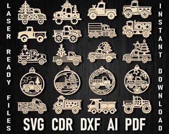 Christmas Truck With Tree Svg Ornament Bundle For Laser Cut, Christmas Tree Transport Vehicle Toy, Farm Car Vector decor Cricut Silhouette