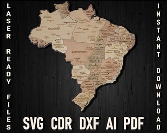 Brazil map svg file for laser cutting and engraving, Brazil Puzzle map dxf pdf travel map, Glowforge pdf Brazilian map, mapa do brasil