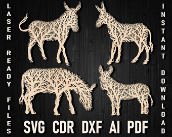 Donkey Tree Wall Art Panel Decor dxf for Laser Cutting and Glowforge, Farmhouse animal dxf wall panel Ornament style svg file for silhouette