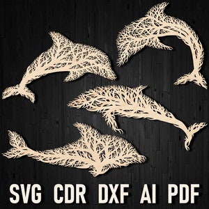 Ornement mural Svg dauphins arbre, découpé au laser, décoration artistique en forme de forêt de dauphins, idée pour Glowforge et Cricut plasma ou contreplaqué Silhouette