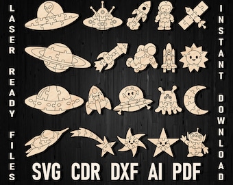 Space laser cut puzzle svg, UFO glowforge vector file cricut silhouette Space planetary kids puzzle christmas gifts Saturn astronaut rocket