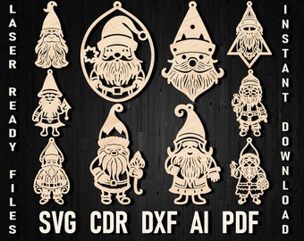 May include: Set of ten laser cut SVG files for creating Christmas ornaments. The ornaments feature various designs of gnomes and Santa Claus. The designs are ready to be cut on a laser cutter.