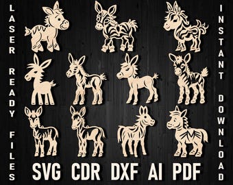 Dxf Donkey Christmas Ornaments Files for Laser Cutting, Donkey Cutout Glowforge Farm animal Pony Svg Xtool Machines Cricut & Silhouette Xmas