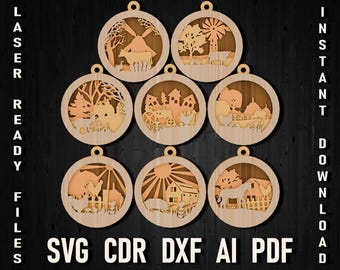 Country Farmhouse Christmas svg laser cut and glowforge files, Farm Animals DXF laser cut files, Layered Digital Download, Cow Horse Goat