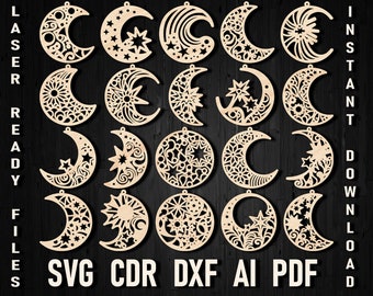 Skapa dina egna himmelska örhängen med månen och stjärnorna SVG-laserskärningsfiler för Glowforge, läderplywood och trä SVG-örhängenmallar