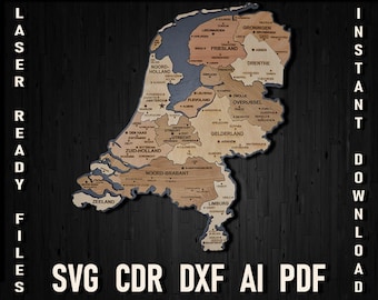 Netherlands map digital file for laser cutting, Nederland Puzzle map dxf pdf travel map, Glowforge Holland pdf, Artwork Country Map wall art
