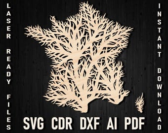 Svg Tree France map laser cut file, French map silhouette, Glowforge Carte de France, Paris France file instant download dxf, Europe country