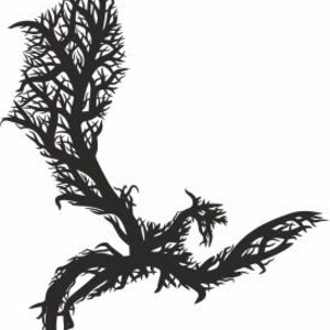 Op de afbeelding: Zwarte silhouet van een draak met boomvormige vleugels en een lange staart.