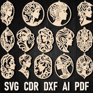 Mujer se enfrenta a la exhibición de pendientes svg patrón de cara de archivo cortado por láser para Glowforge, plantilla de pendientes de madera artesanal láser paquete de pendientes moda de cabello