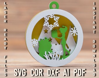 3d Multi layer Elf christmas svg ornament, Christmas Glowforge laser cut file, Christmas Cricut Circle Ornaments CNC download home decor