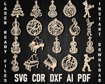 Music instruments Christmas Tree Ornaments Svg Bundle, Marching band trumpeter laser cut dxf, Violin Piano Player Vector Design, Double bass