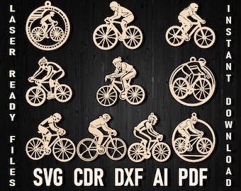 Bicycle Svg Christmas Laser Cut Ornament Bundle Files, Xmas Bike Glowforge CNC Cutout Silhouette Pattern, Cricut Cycling Bicycle Cut Files