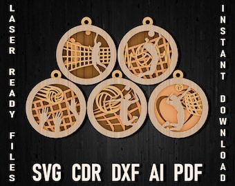 Adorno navideño de voleibol en capas SVG, archivos de corte láser Glowforge, archivos de corte de voleibol para madera, decoración deportiva en capas SVG CDR