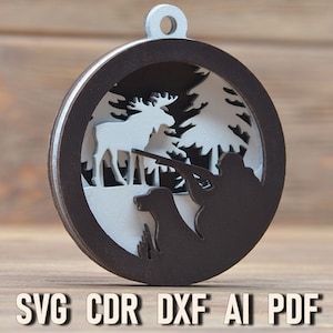 Deer Hunter adorno de Navidad svg, archivo de corte svg Glowforge multicapa, archivo de corte láser de caza de ciervos, primer adorno de ciervo cdr ai dxf plt