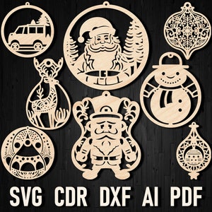 Kerstboom laser gesneden ornament set SVG, vakantie houten en multiplex ornament, Glowforge cricut Silhouette cameo knippen, kerstballen