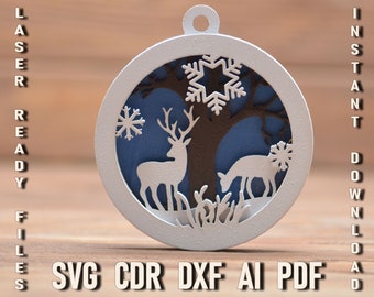 Julhjort flerskiktsprydnad svg. Laserskuren julfil Glowforge-filer för pywoodbollar, CNC DIY-mönster för handgjorda