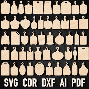 May include: A set of 40 different cutting board SVG, CDR, DXF, AI, and PDF files for laser cutting. The cutting boards are in various shapes, including round, square, rectangular, and heart-shaped.