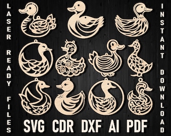 Paquete de archivos de adornos cortados con láser de pato navideño Svg, silueta de pato de goma navideño, joyería de ganso Dxf, Glowforge Xtool de Ducky
