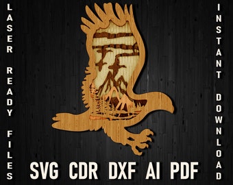 File a strati SVG tagliato Eagle, Pannello 3D multistrato per taglio laser, file SVG per Cricut, file SVG per Glowforge, Eagle papercut SVG pdf dxf