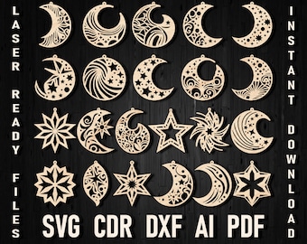 Svg moon and stars style earrings svg file for laser cutting and glowforge, Leather Earring svg, Pendant CNC laser cut project Earrings File