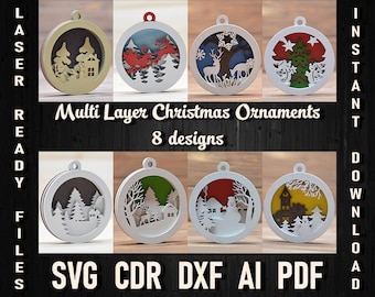 8 designs Christmas tree decoration Bundle Diy Crafting svg dxf cdr, Cutting laser cut layered svg Christmas Balls Ornaments laser cut files