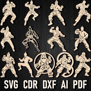 Adorno de juguete de Navidad cortado con láser de karate Svg, Dxf Artes marciales Glowforge Papercut Judo Clipart Kick Boxing Tae kwon do Silueta Lucha