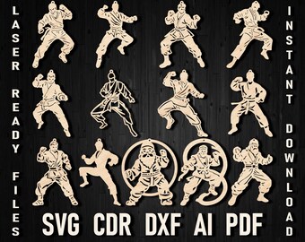 Svg Karate Laser Cut Christmas Toy Ornament, Dxf Martial Arts Glowforge Papercut Judo Clipart Kick Boxing Tae kwon do Silhouette Fighting