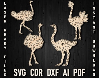 Svg Ostrich Tree Wall Panel Laser Cut Style Dxf, Ostrich Ornament Silhouette dxf, SVG for Cricut, Farm Bird Ostrich Decor File for Plasma
