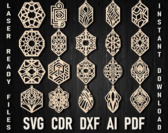 Geometric earrings svg laser cut  pattern for glowforge, Geometric shapes earrings stencil Template Silhouette Cut Files, Cricut Cut File