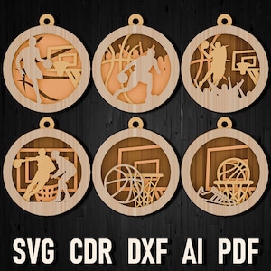 Ornamento natalizio multistrato in formato svg con taglio laser a forma di palla da basket, file di taglio Glowforge per pallacanestro natalizia, ornamenti Cricut e silhouette per CNC