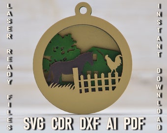 Gård jul Svg Laser prydnad, gårdsdjur svg flerskiktsdekoration, Farm Glowforge Digital Laser Ready Files, Träbondgårdsleksak