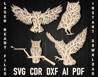 Svg Tree Style Owl Wall Art Laser cut files, dxf vector plans for glowforge and cricut owl router pattern CNC 3D Owl Panel instand download