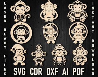 Archivos de adornos navideños de mono SVG para corte por láser, Glowforge y otras máquinas Dxf Cdr para máquinas de corte láser Cricut & Silhouette Navidad
