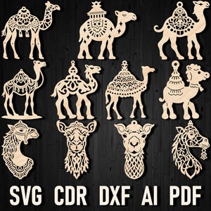 Pacchetto di ornamenti natalizi tagliati al laser SVG Camel, file Camel per Glowforge e Cricut Silhouette Desert CNC cutting machine Figurine Cutout